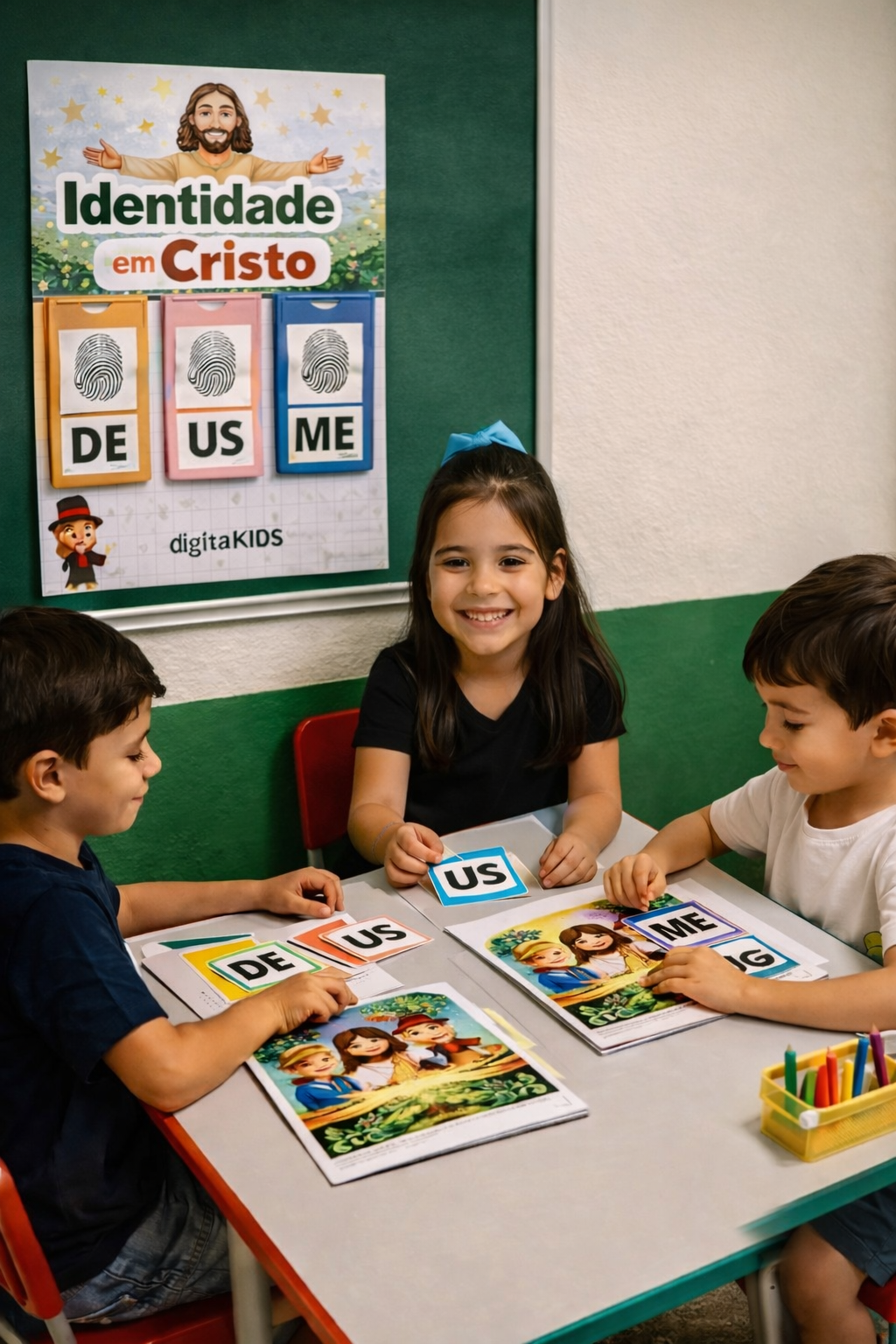 Crianças usando as atividades Sementes de Fé na escolinha